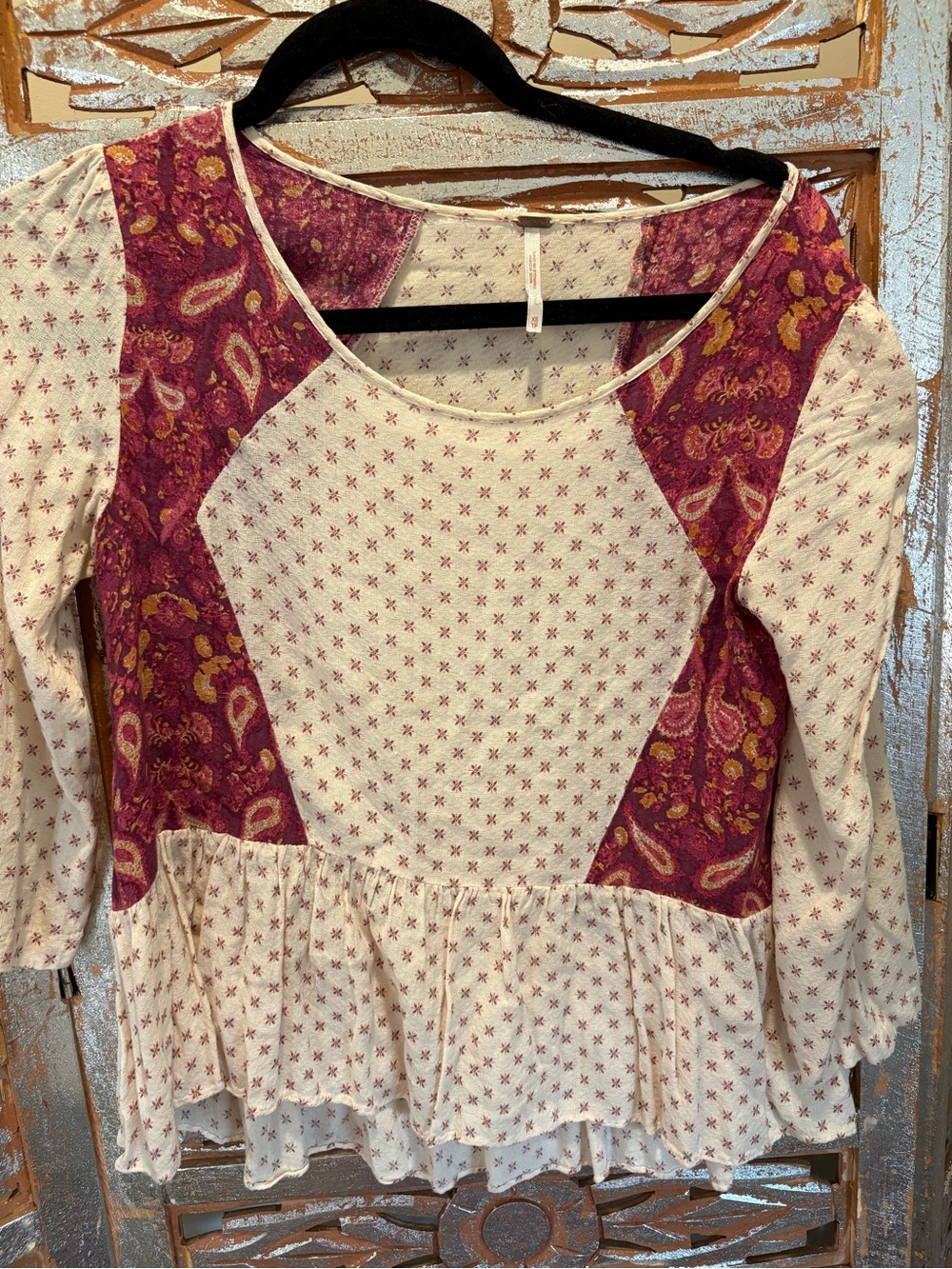 Free People Patchwork Peasant Blouse in Burgundy and Cream